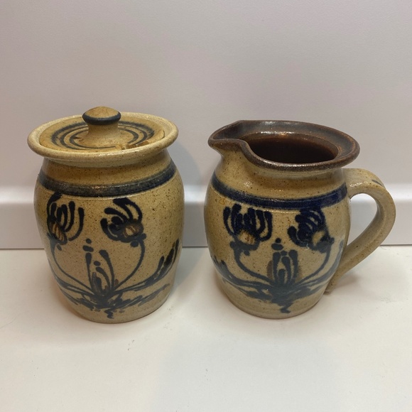 OSV Stamped Old Sturbridge Village Art Pittery Stoneware Flora Jar And Pitcher - Picture 1 of 15